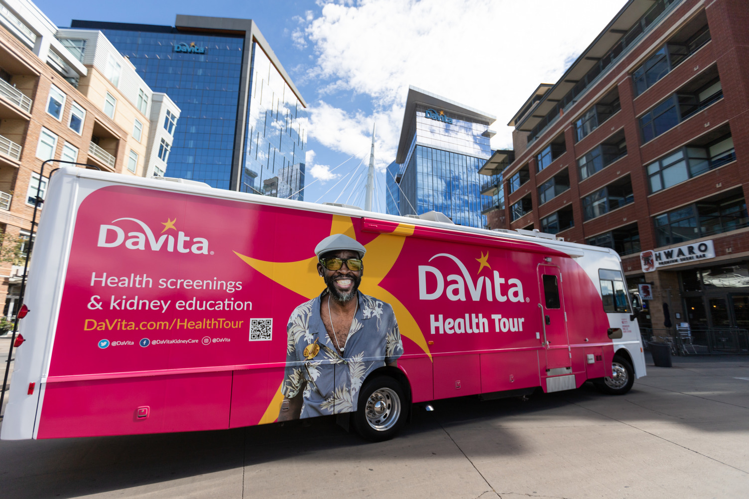DaVita health tour bus in the city
